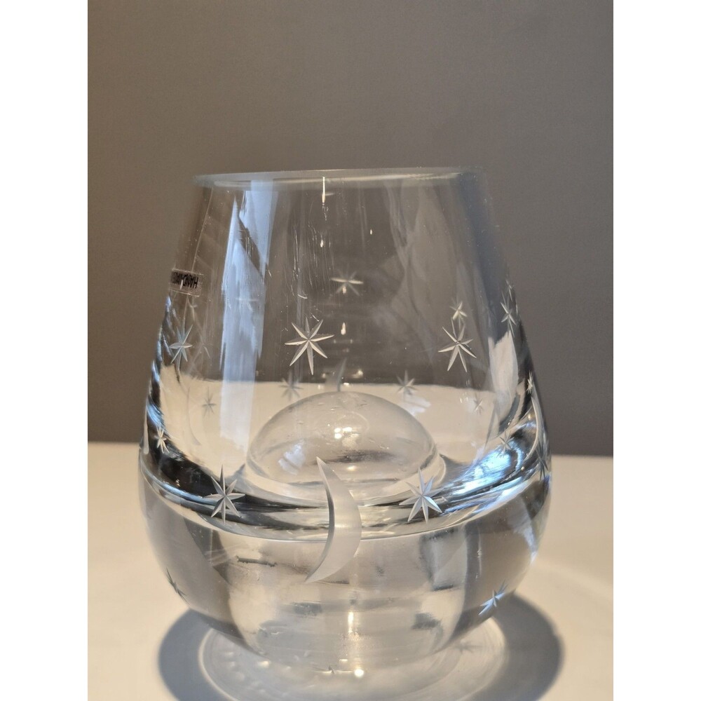 Hand-Made Poland Etched Crystal Bubble Glass Candle Holder Stars Moon Celestial